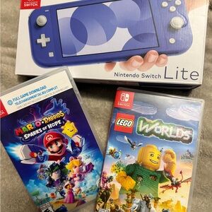 Nintendo Switch Lite Console in Blue with Mario + Rabbids and LEGO Worlds